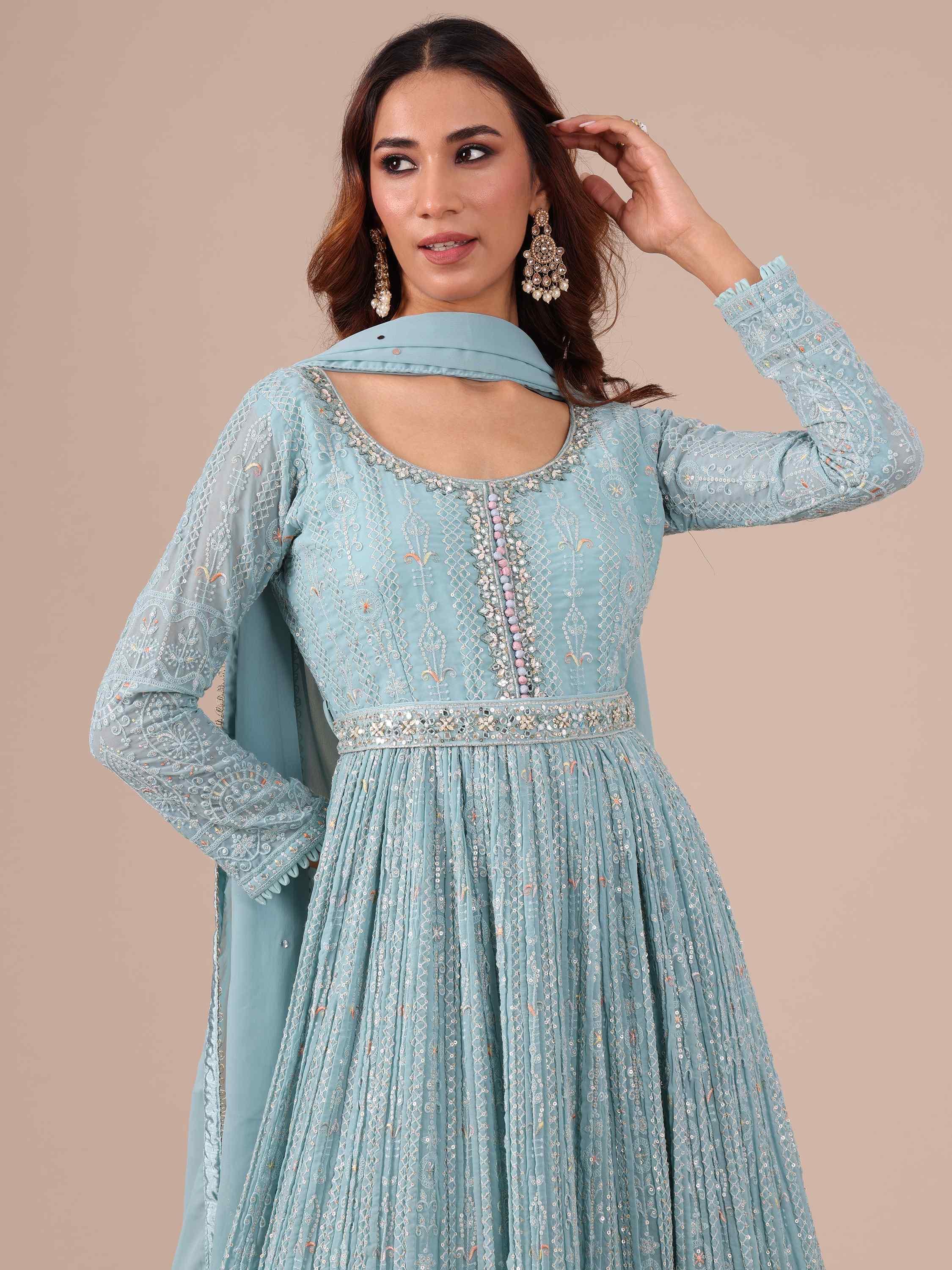 Ice Blue Georgette Anarkali with Matching Dupatta