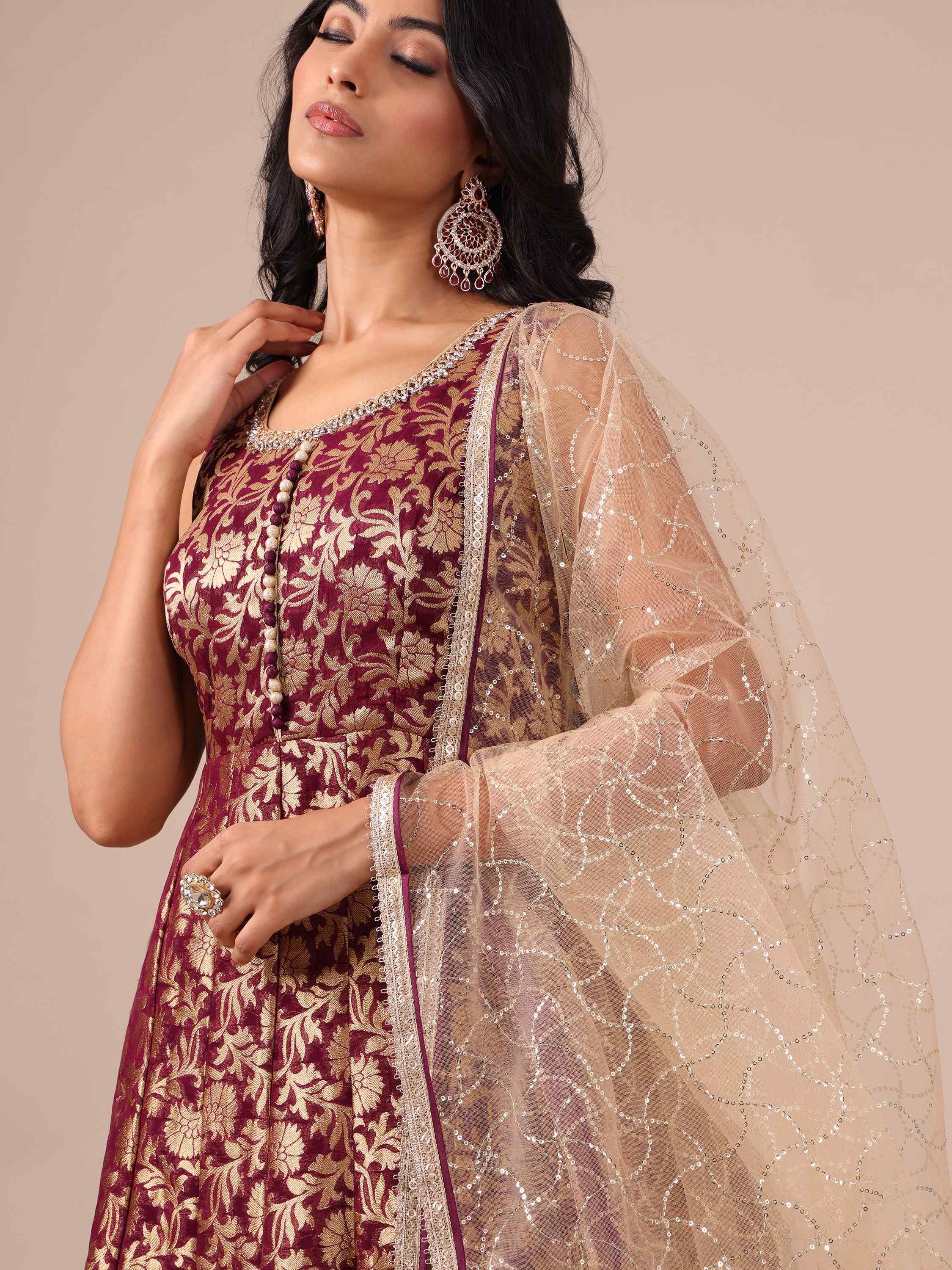 Wine Khaddi Georgette Anarkali with Net Dupatta