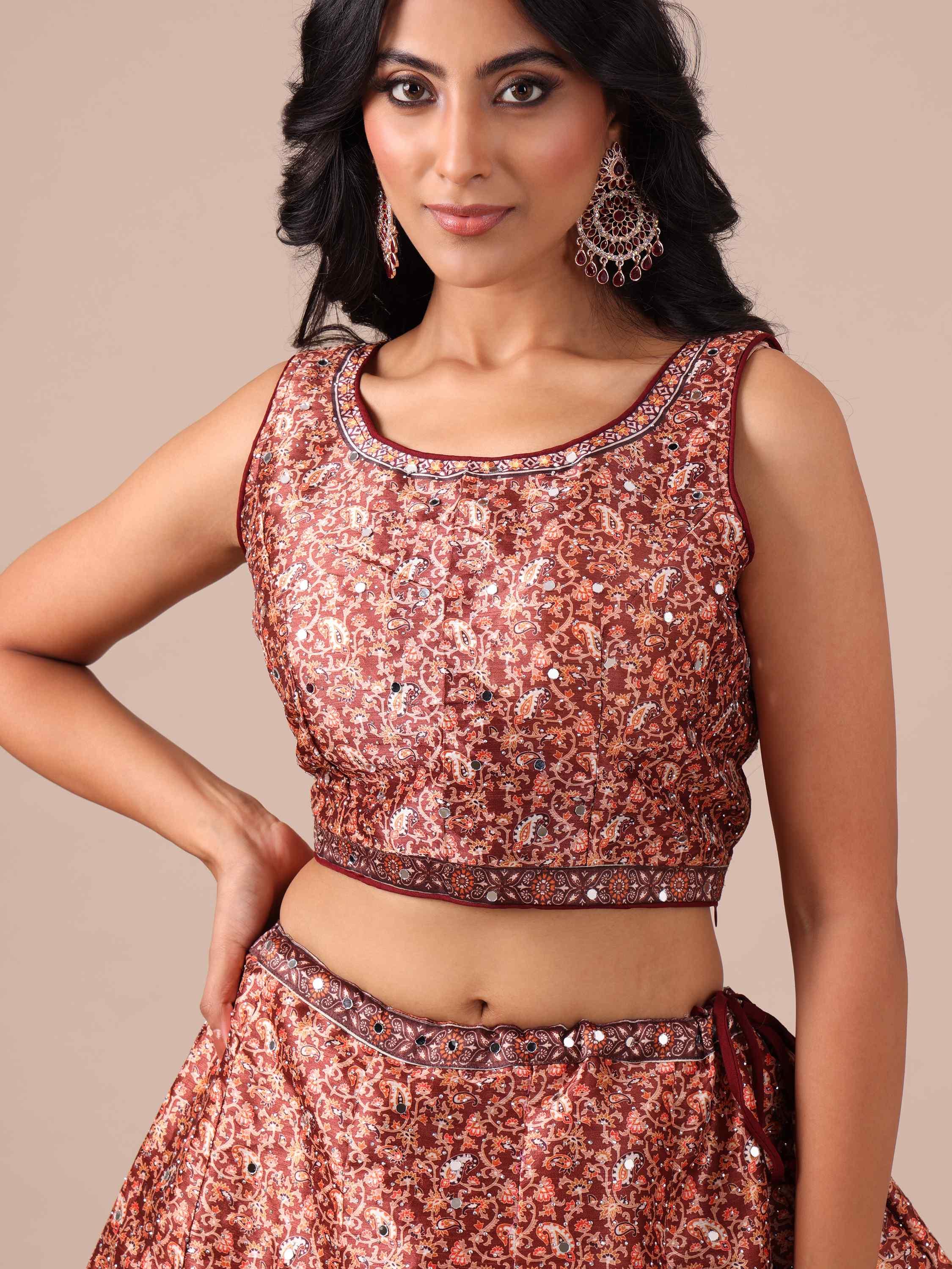 Brown Color Printed Lehenga Choli with Net Dupatta