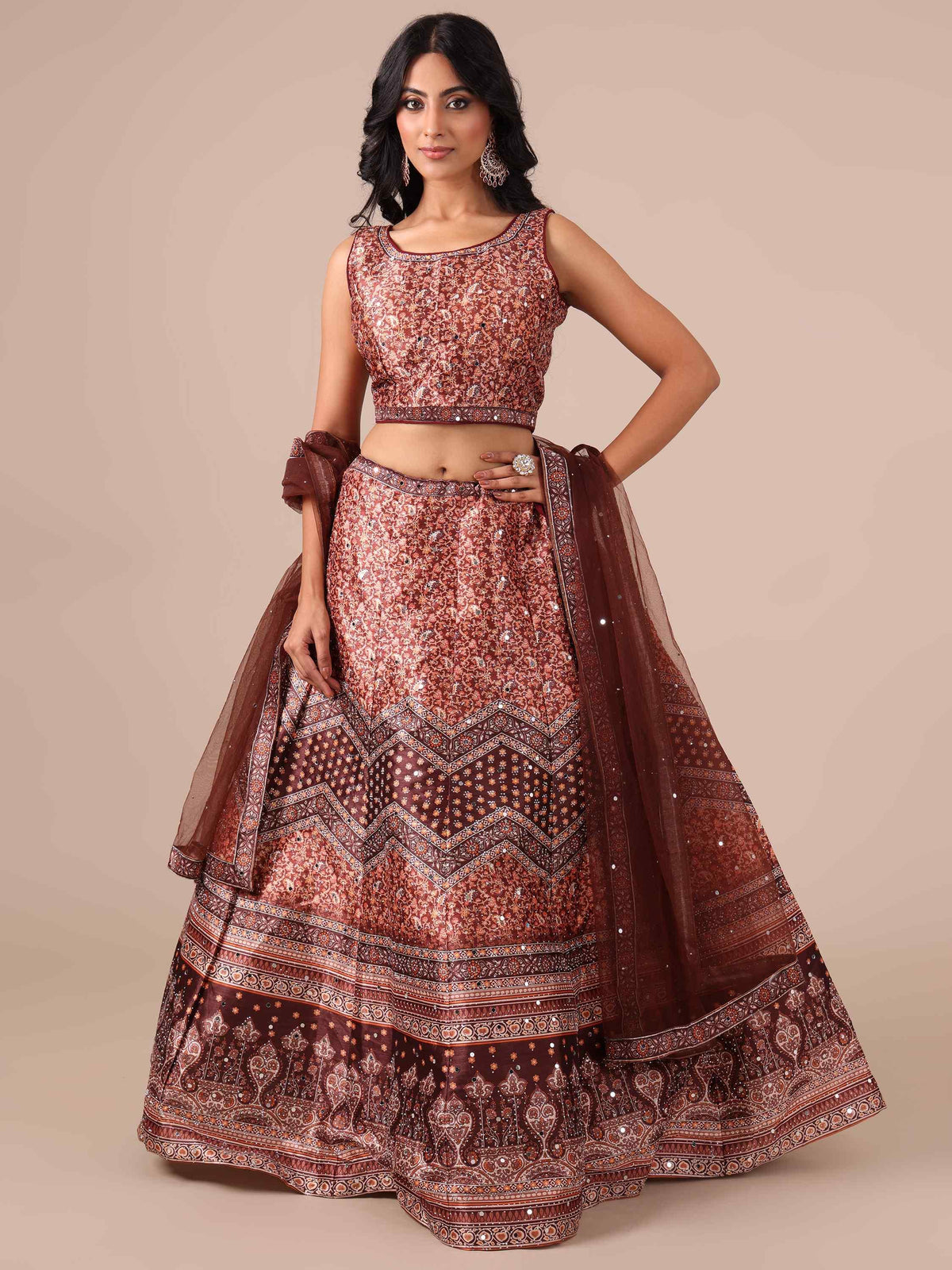 Brown Color Printed Lehenga Choli with Net Dupatta