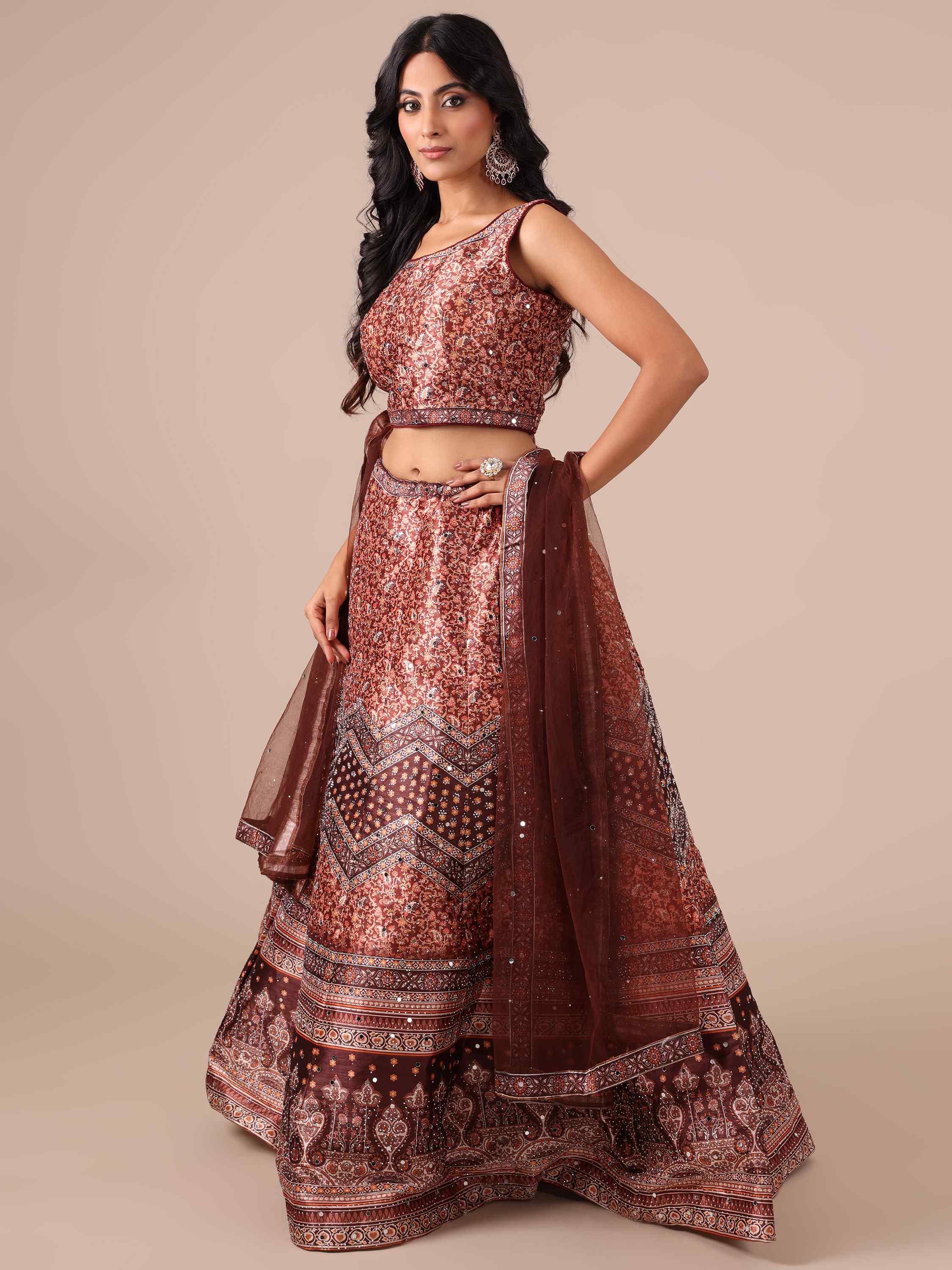 Brown Color Printed Lehenga Choli with Net Dupatta