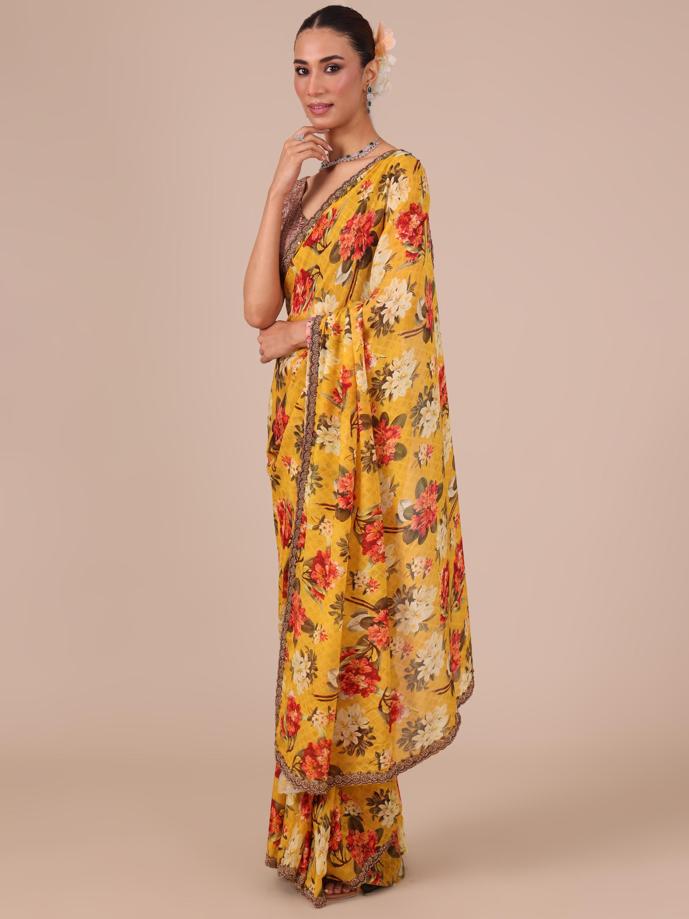 Mustard Chinon Saree with Dabka and Beads Work