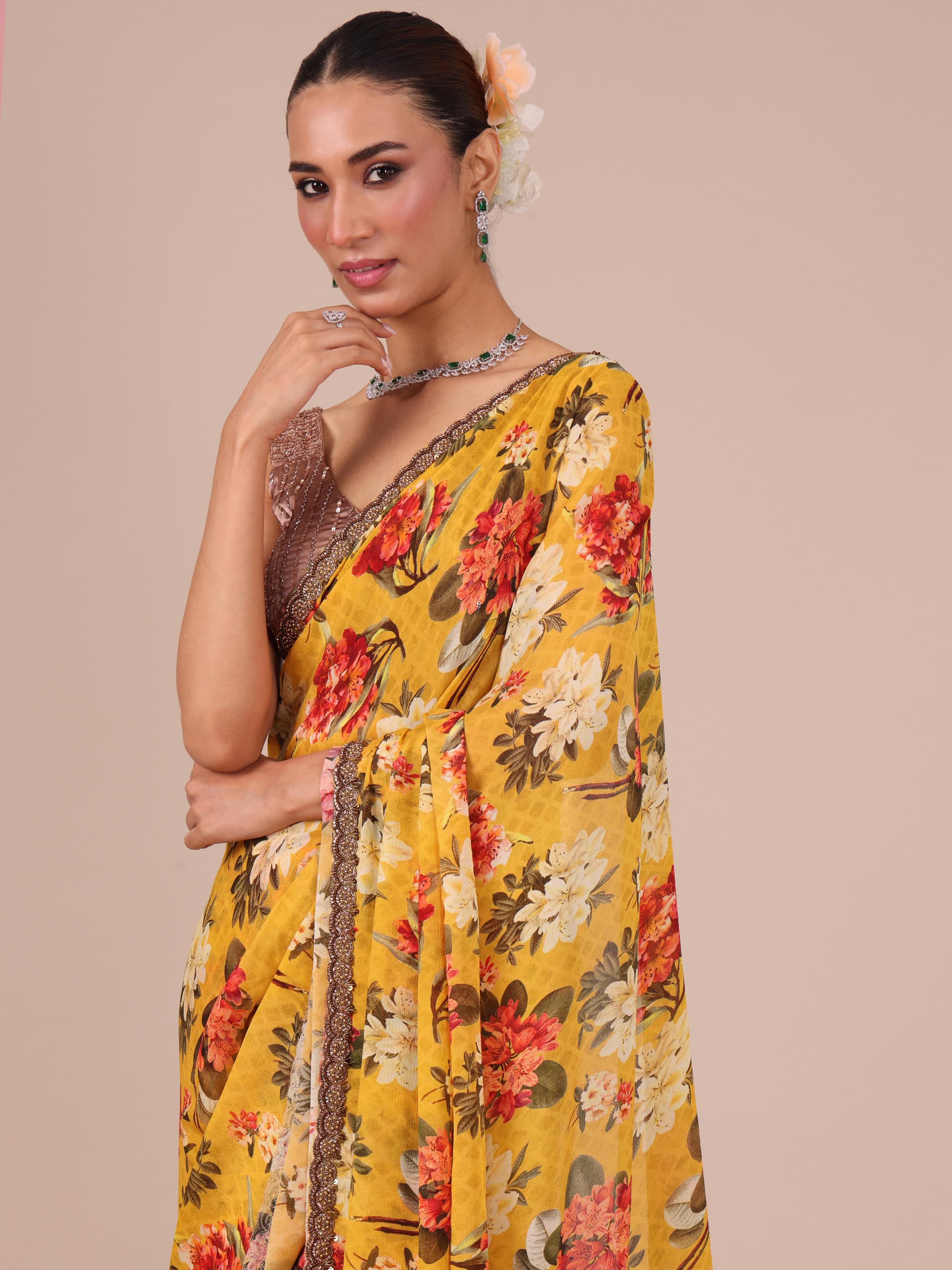 Mustard Chinon Saree with Dabka and Beads Work