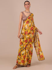 Mustard Chinon Saree with Dabka and Beads Work