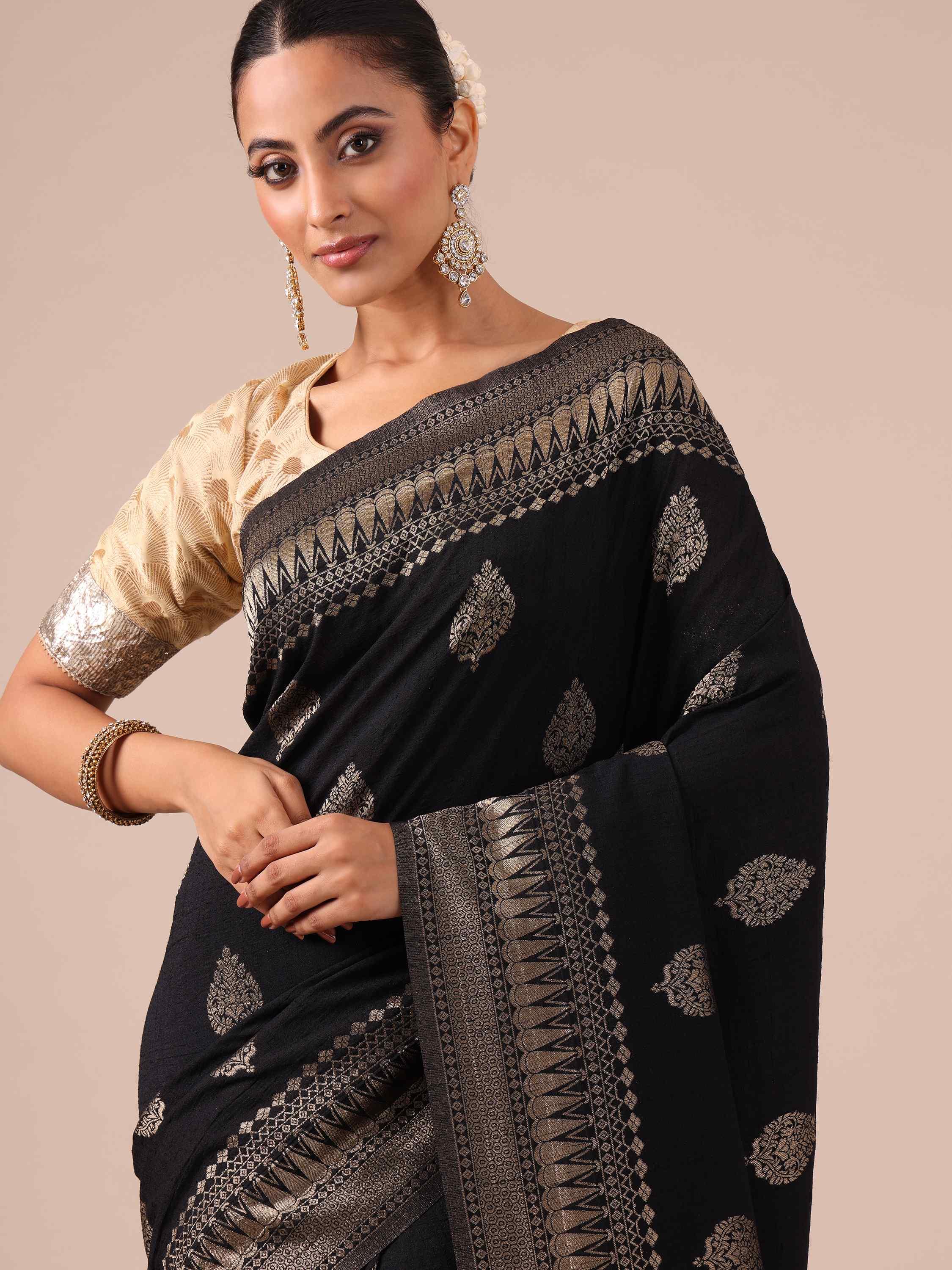 Black Tussar Silk Weaving Saree with Matching Blouse