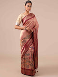 Peach Silk Saree with Maroon Silk Unstitched Blouse