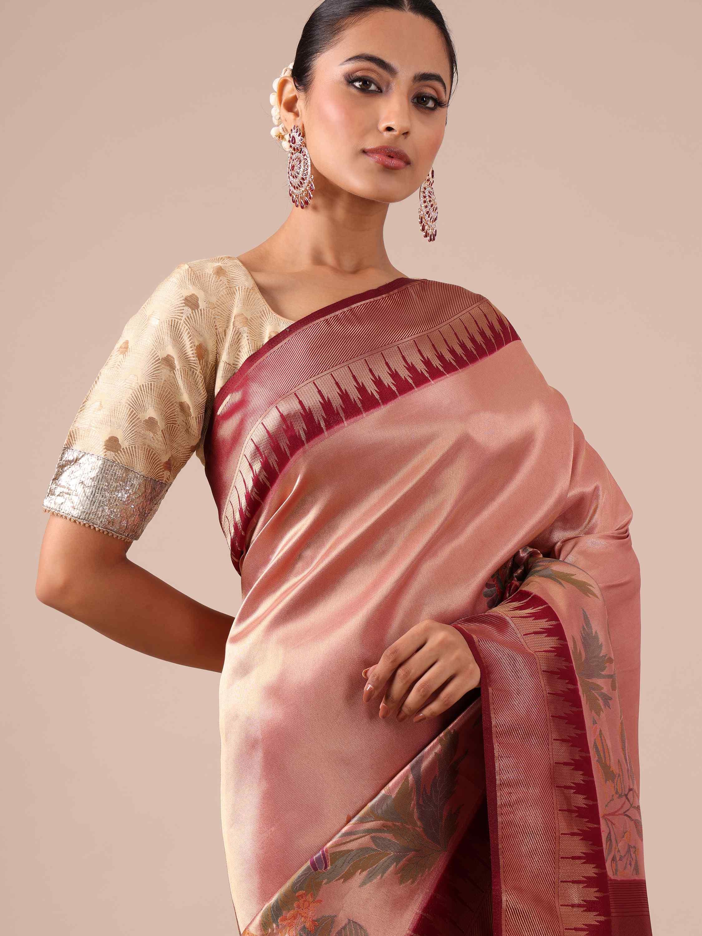 Peach Silk Saree with Maroon Silk Unstitched Blouse