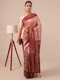 Peach Silk Saree with Maroon Silk Unstitched Blouse