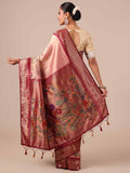 Peach Silk Saree with Maroon Silk Unstitched Blouse