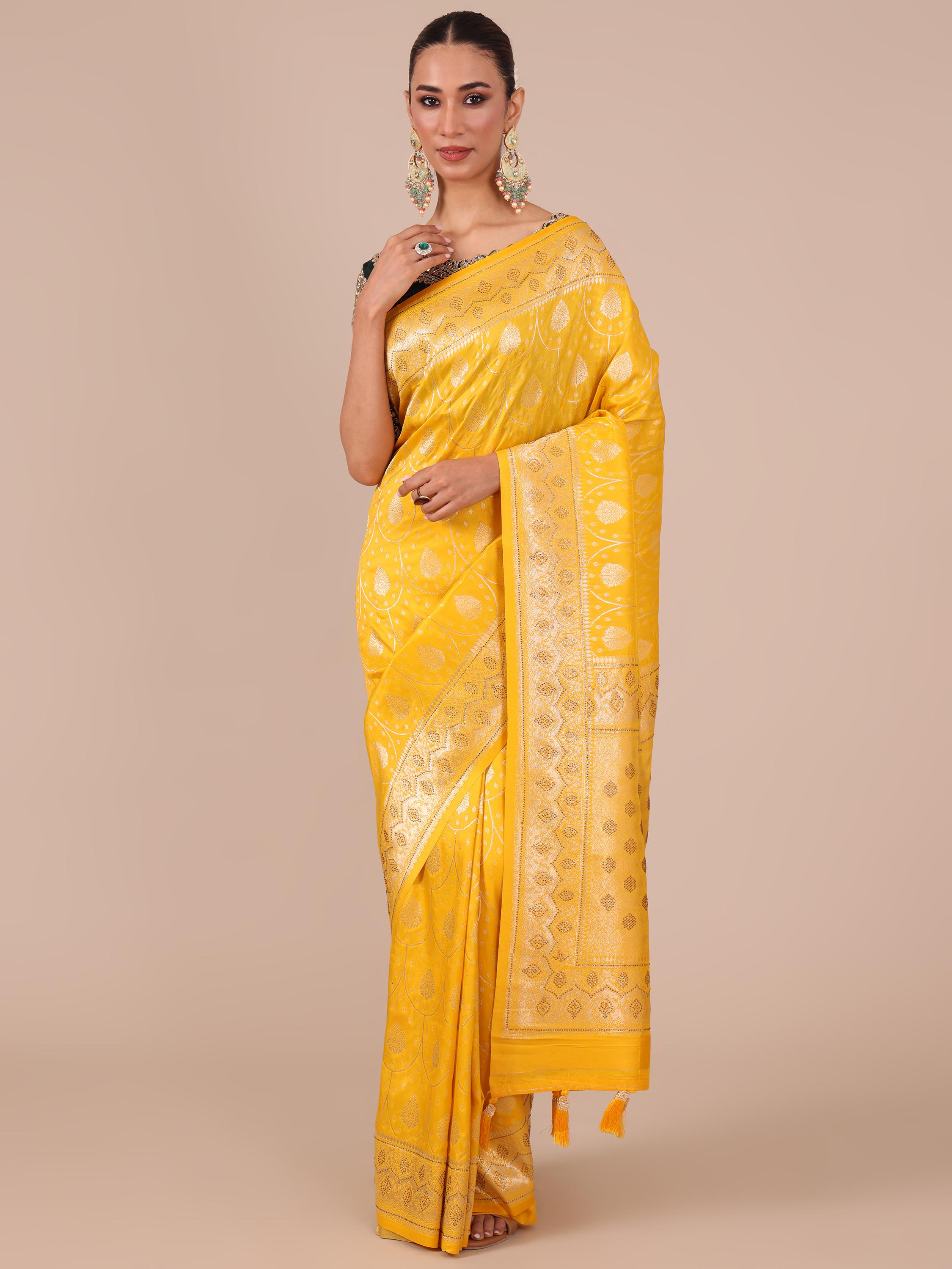 Yellow Satin Silk Saree with Siroski Embellishments - House of Surya