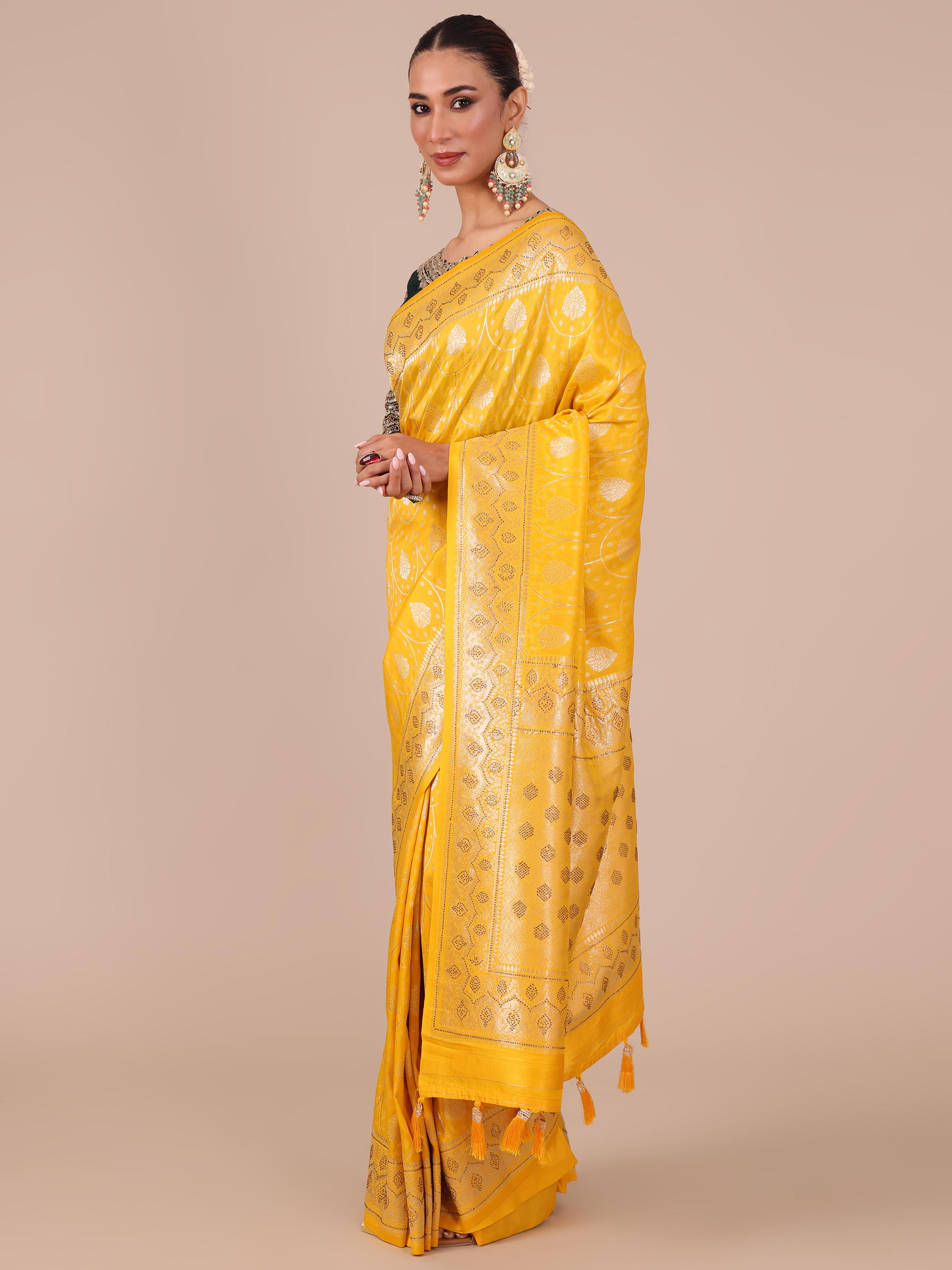 Yellow Satin Silk Saree with Siroski Embellishments