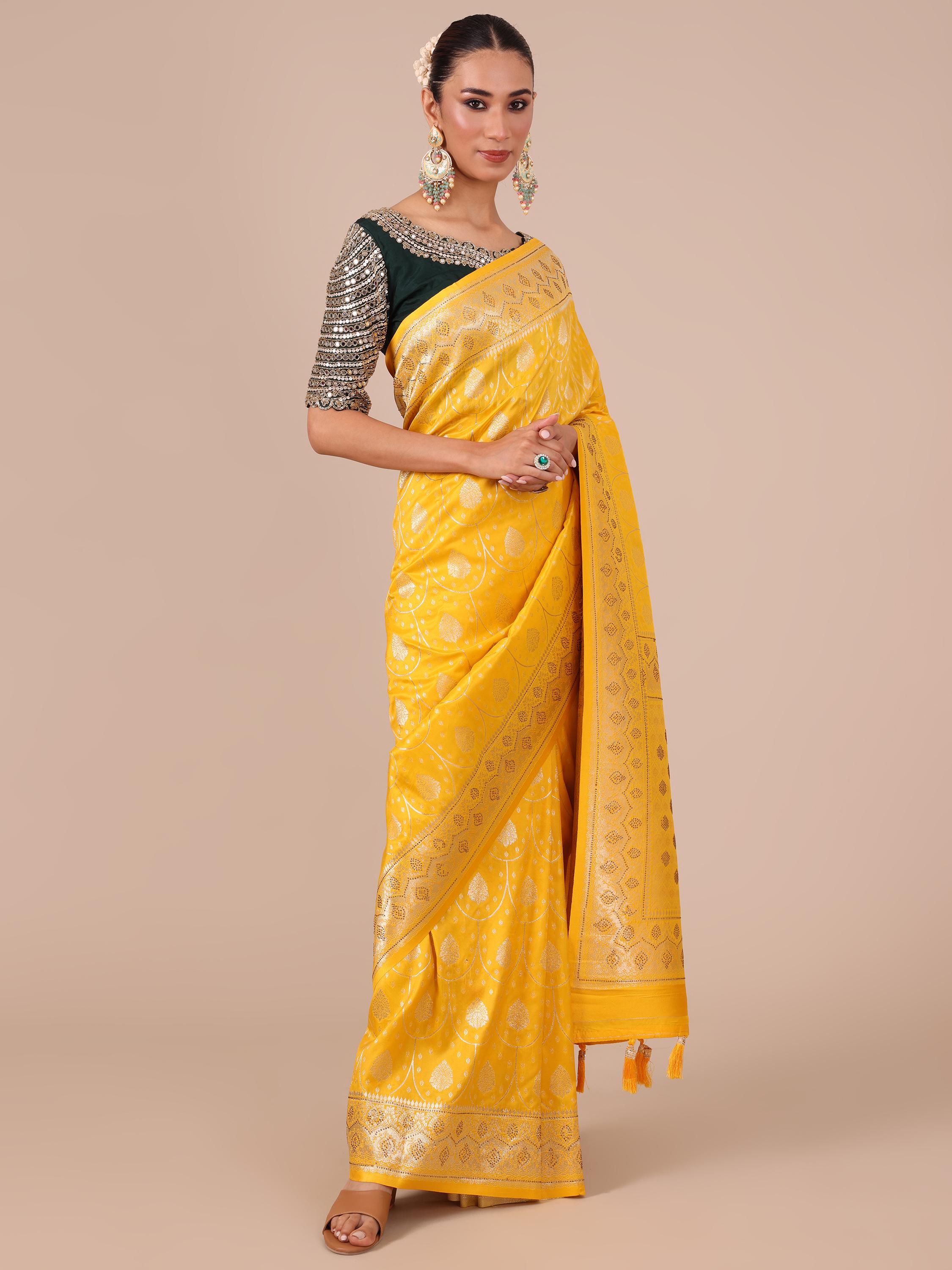 Yellow Satin Silk Saree with Siroski Embellishments - House of Surya