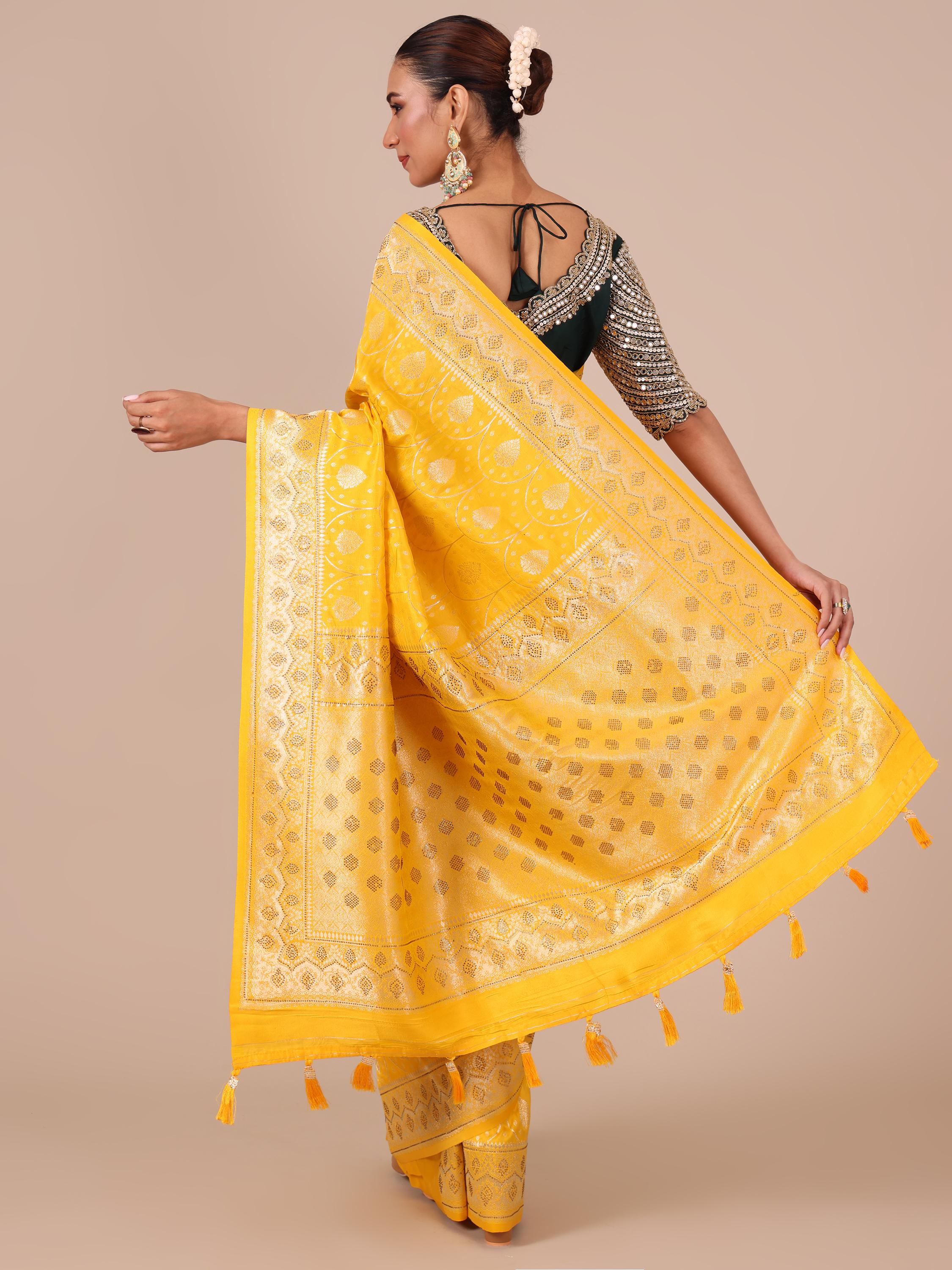 Yellow Satin Silk Saree with Siroski Embellishments - House of Surya