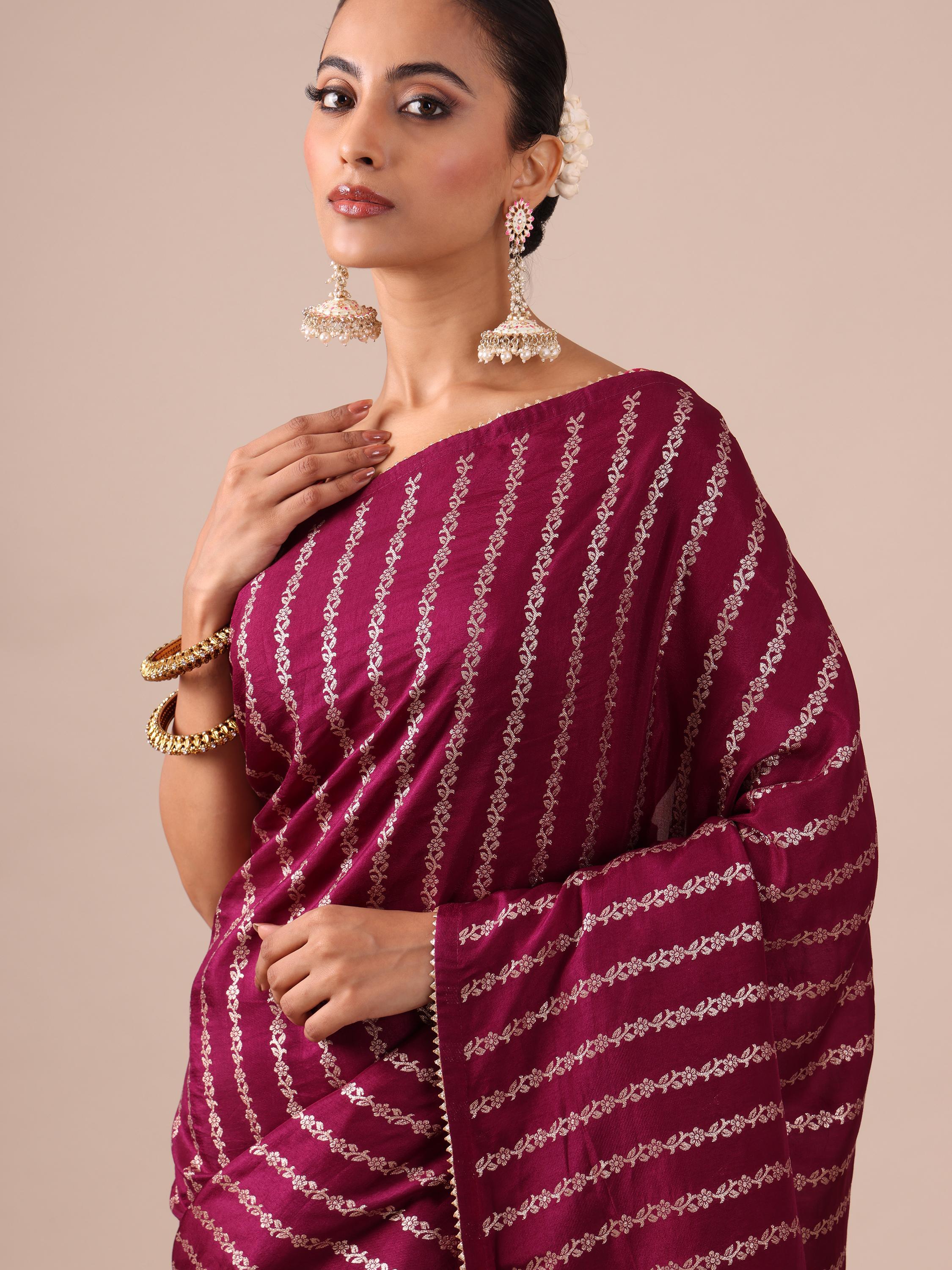 Meroon Dola Silk Weaving Saree with Unstitched Rani color Blouse