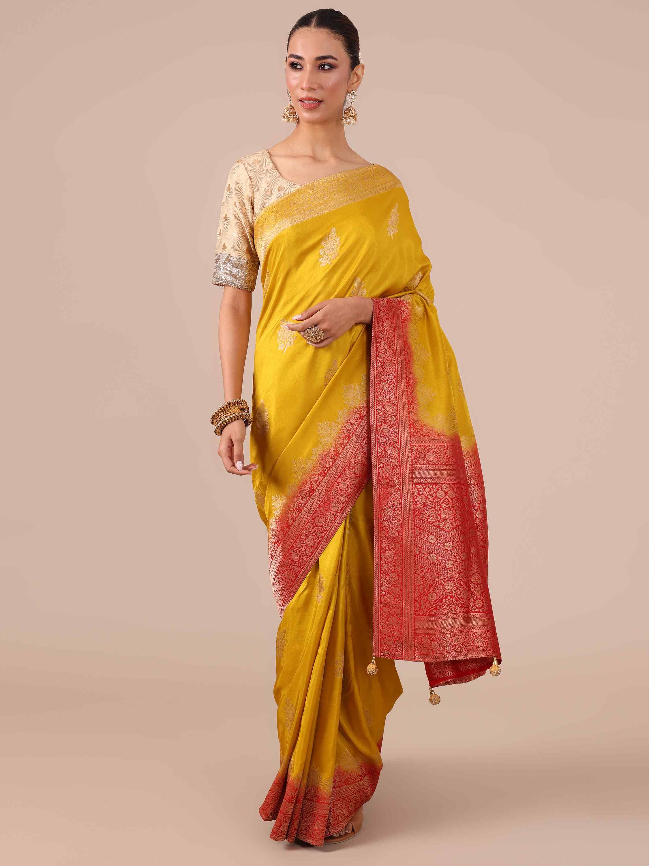 Mustard color Dola Silk Saree with Red Unstitched Blouse