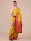 Mustard color Dola Silk Saree with Red Unstitched Blouse