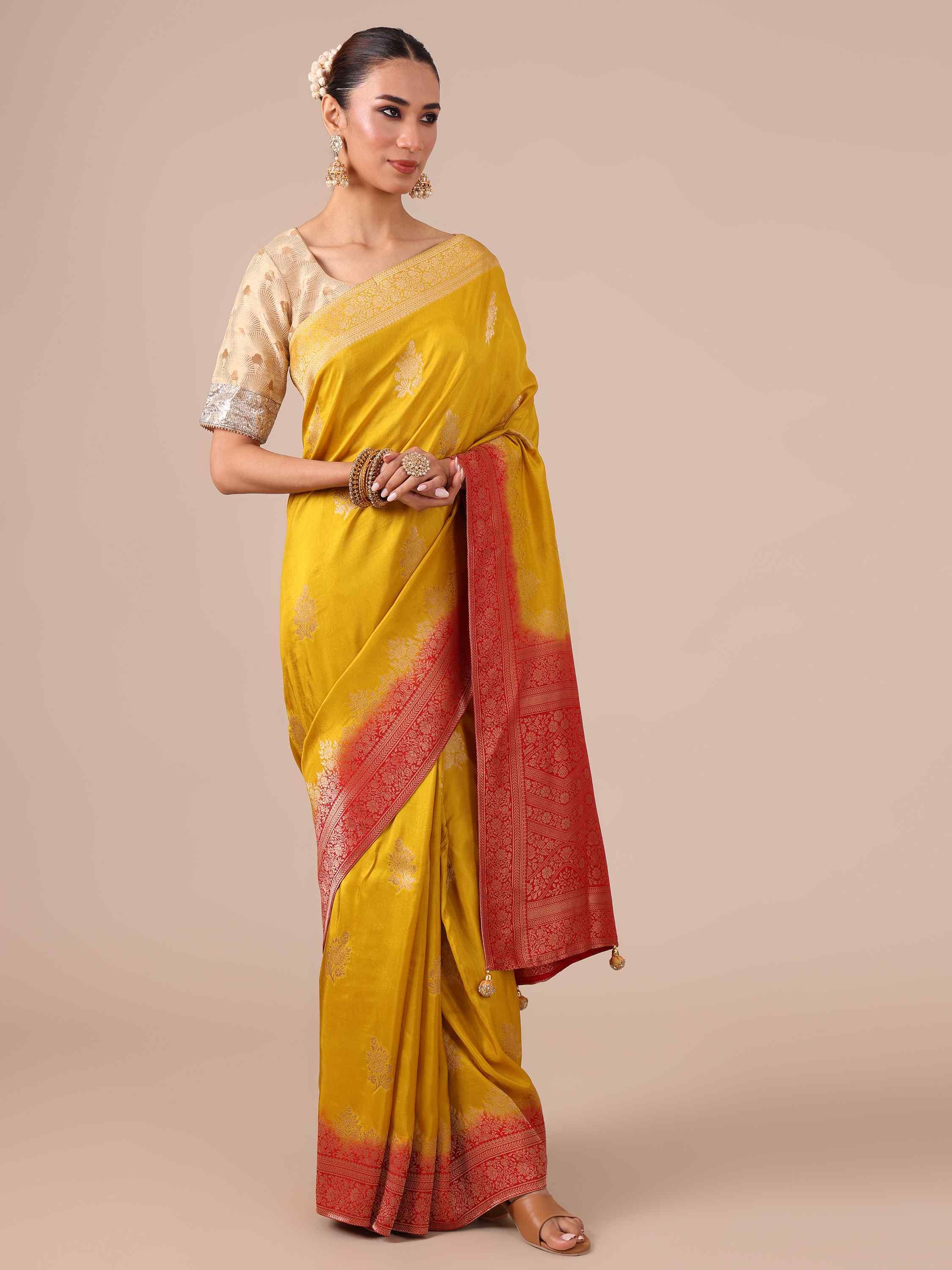 Mustard color Dola Silk Saree with Red Unstitched Blouse