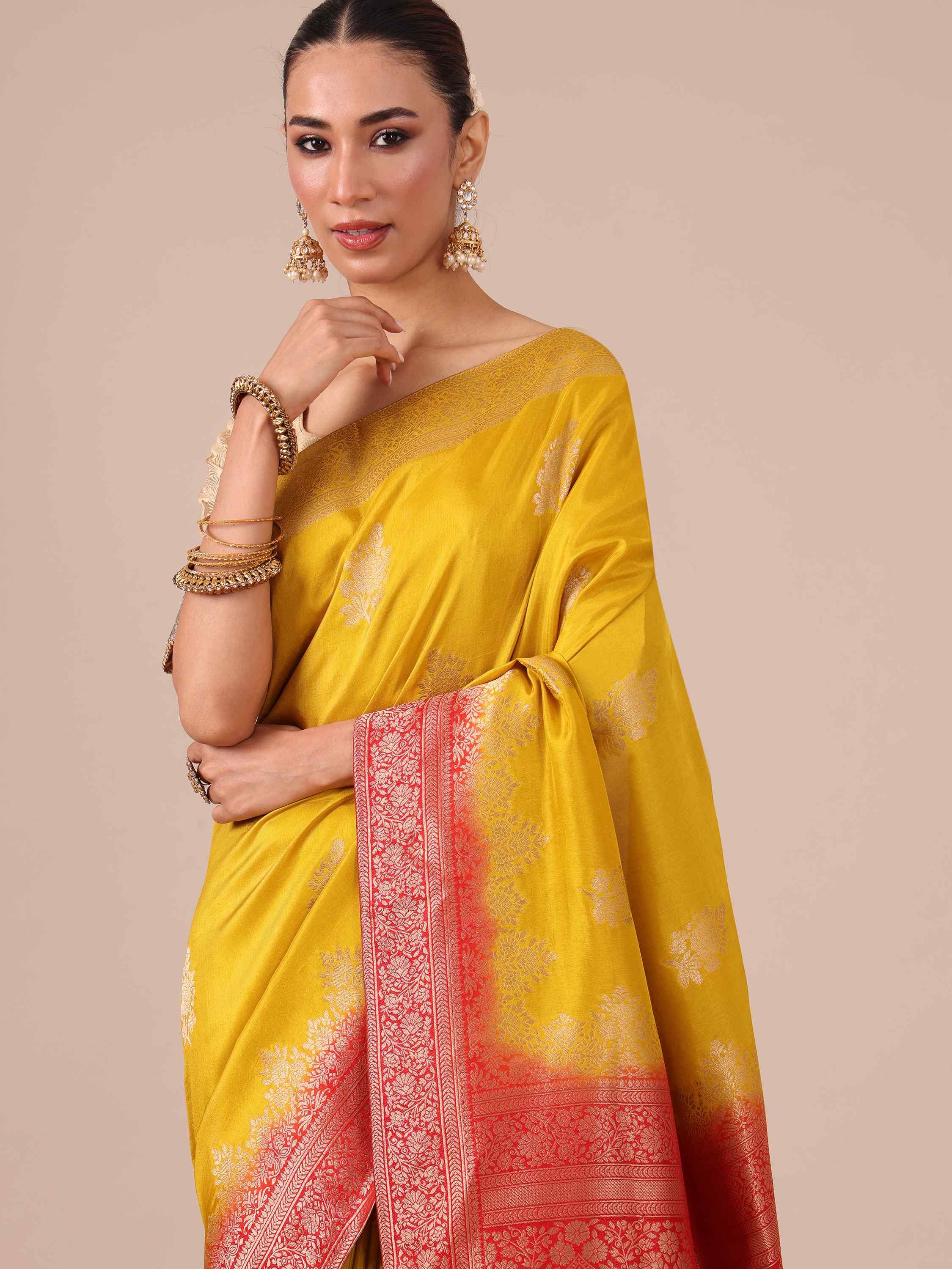 Mustard color Dola Silk Saree with Red Unstitched Blouse