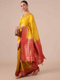 Mustard color Dola Silk Saree with Red Unstitched Blouse