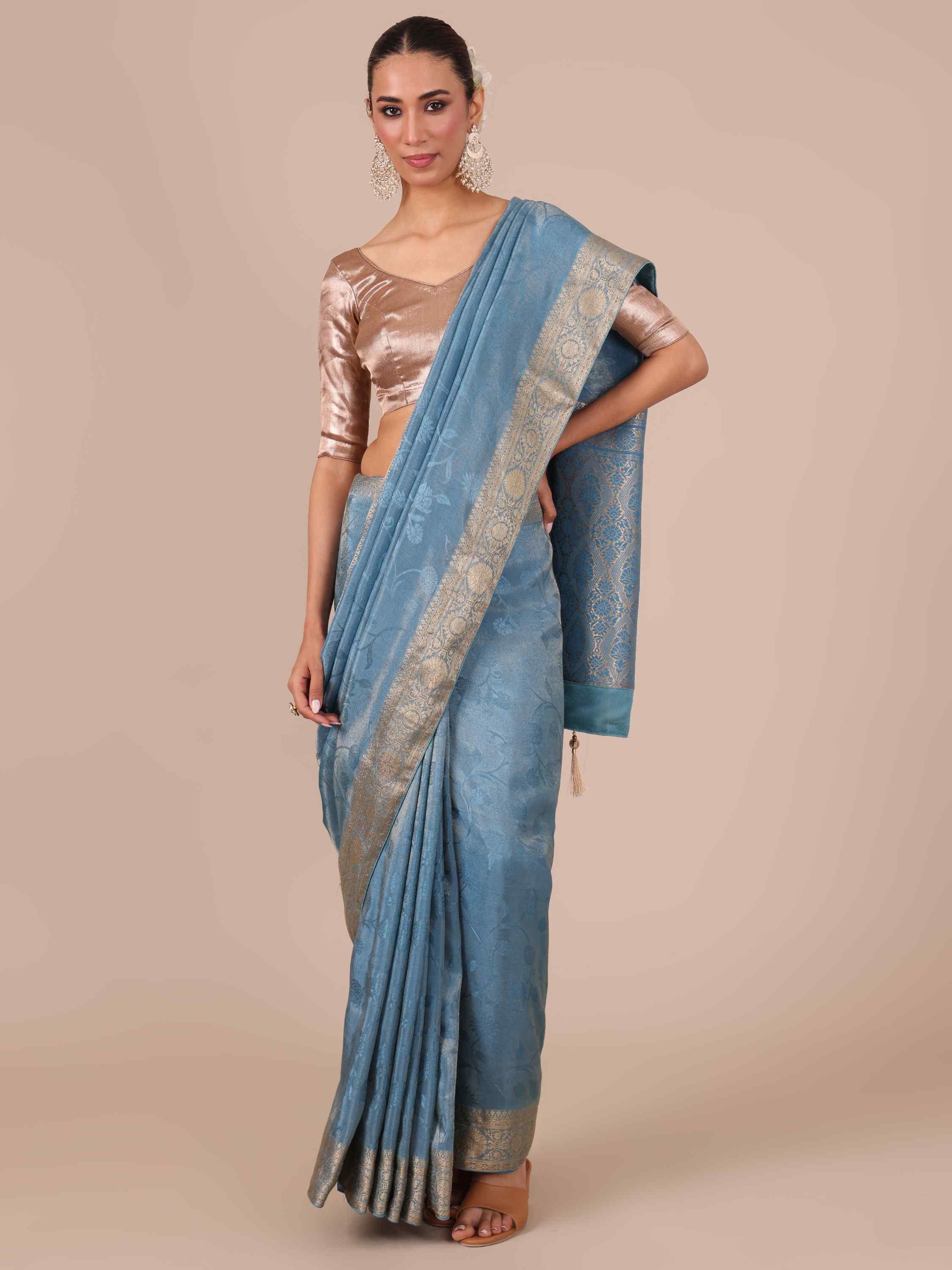 Sky Blue Tussar Silk Saree - House of Surya