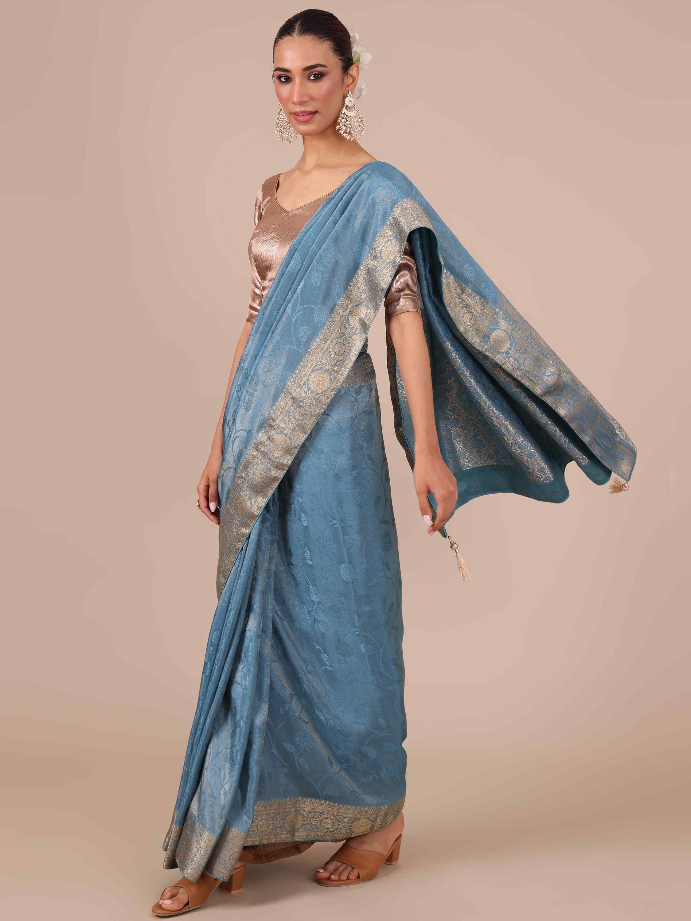 Sky Blue Tussar Silk Saree - House of Surya