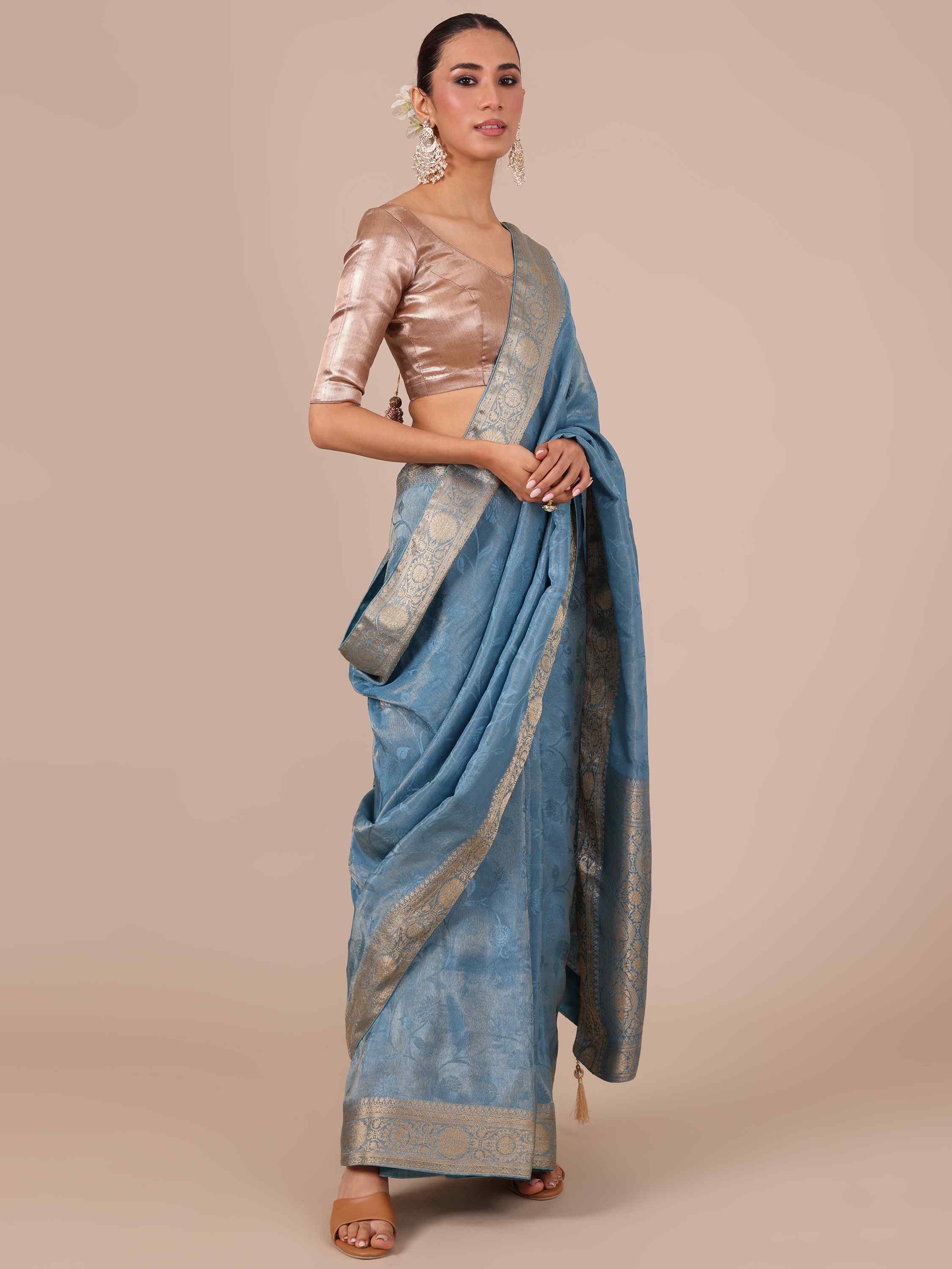 Sky Blue Tussar Silk Saree - House of Surya