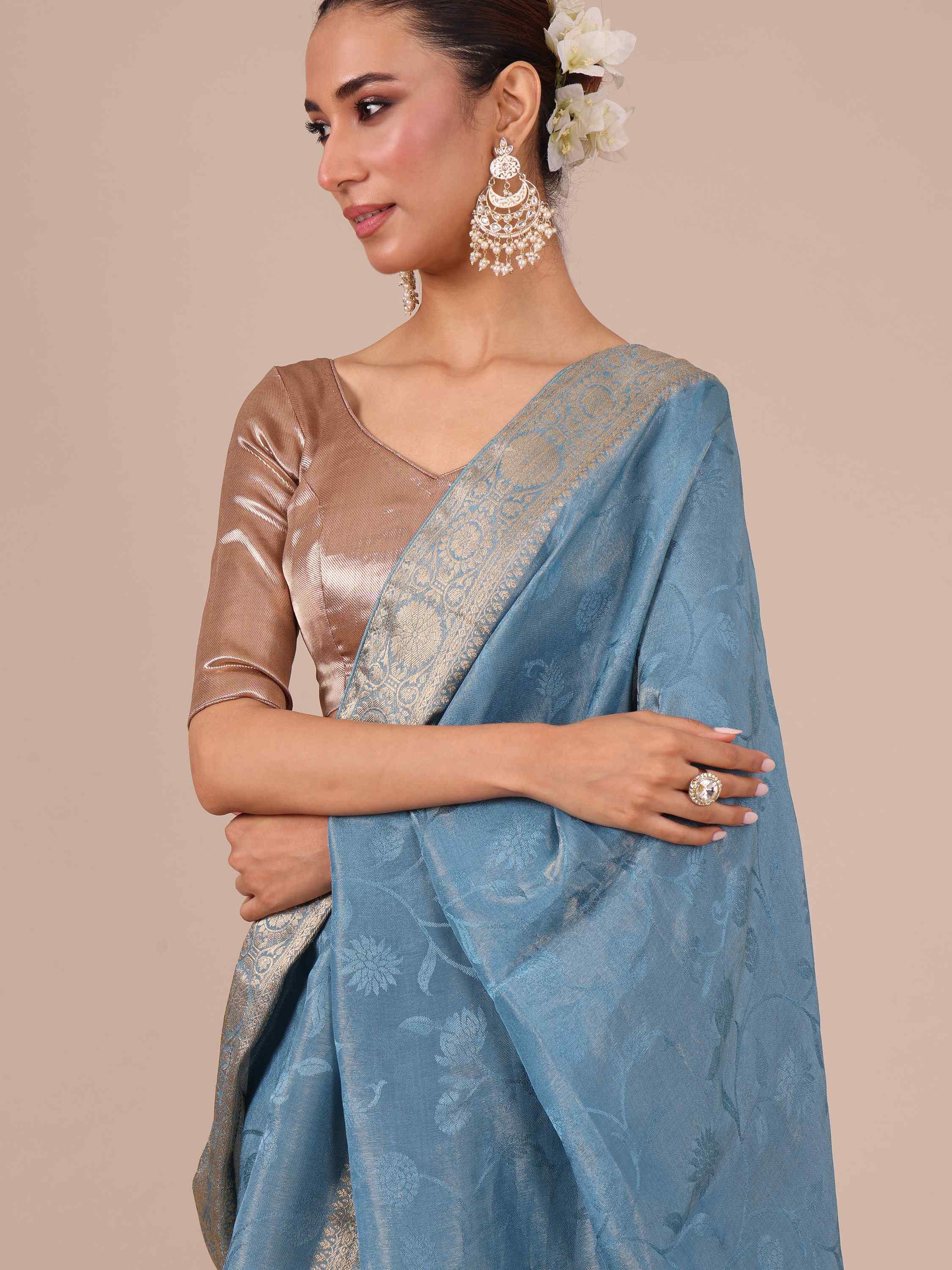 Sky Blue Tussar Silk Saree - House of Surya