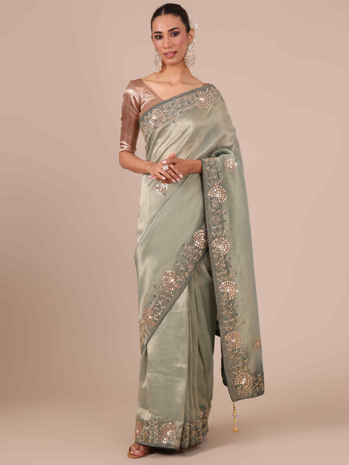 Sea Green Tissue Organza Saree with Unstitched Blouse