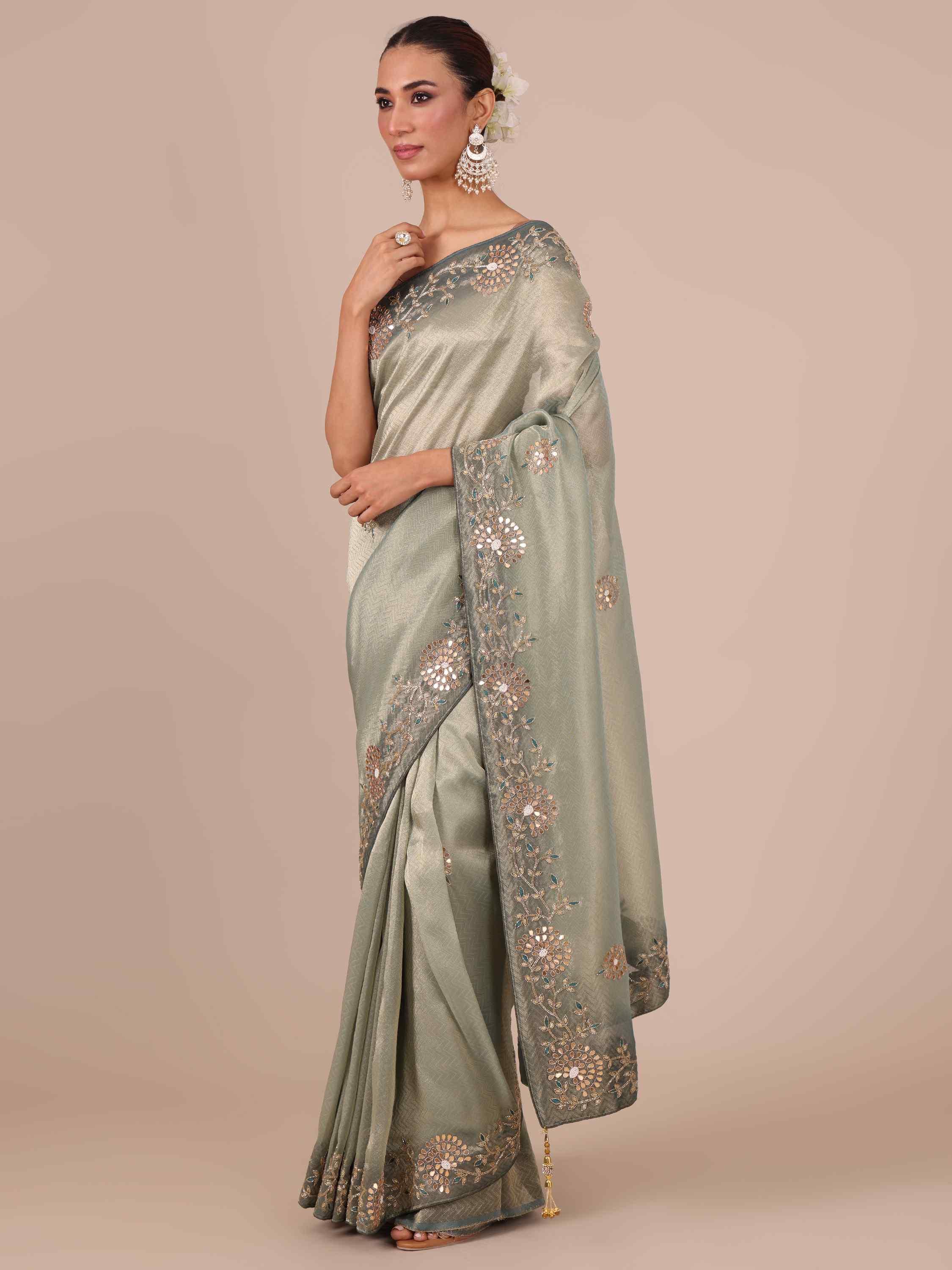 Sea Green Tissue Organza Saree with Unstitched Blouse