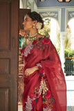 Mehroon Organza Saree With Pearl, Cut Dana & thread Work