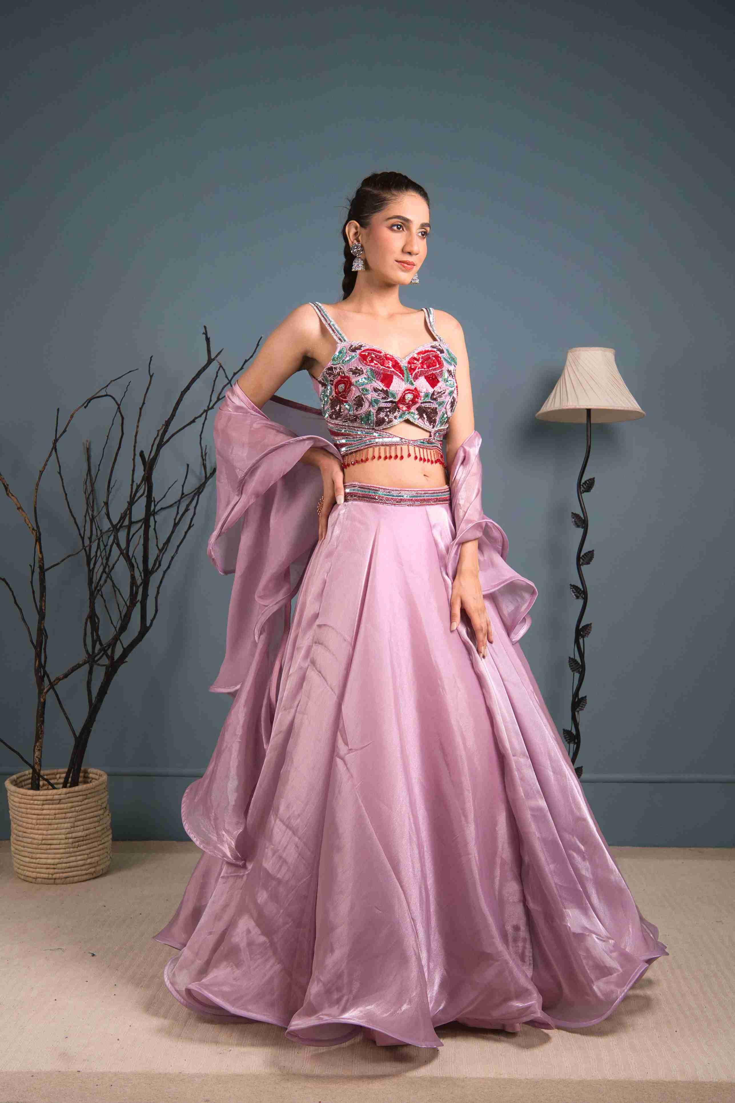 Lavender Organza Lehenga Choli With Cutdana, Red Sequins Work