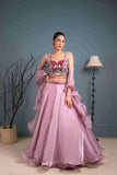 Lavender Organza Lehenga Choli With Cutdana, Red Sequins Work