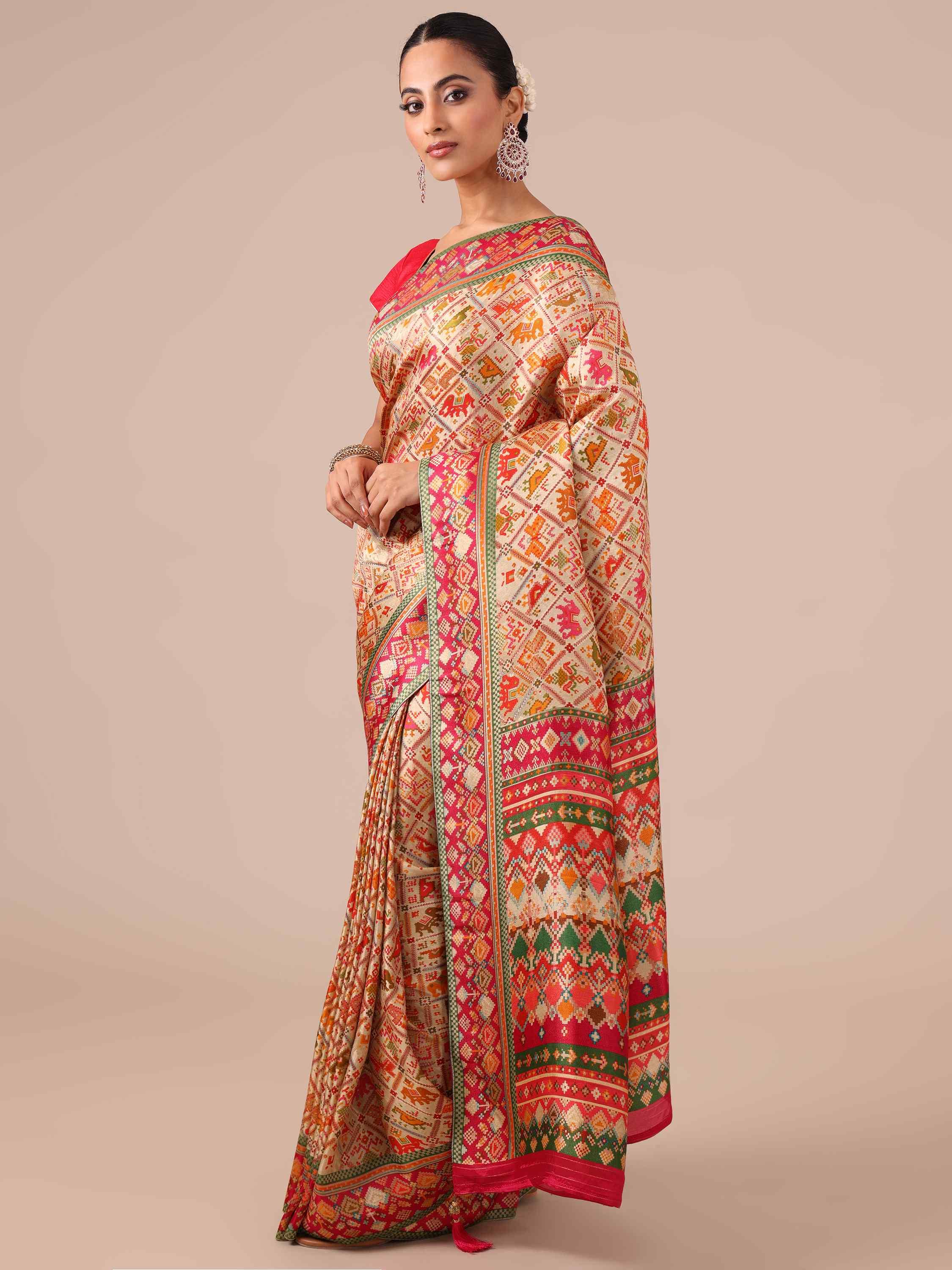 Golden Silk Weaving Saree with Rani Unstitched Blouse