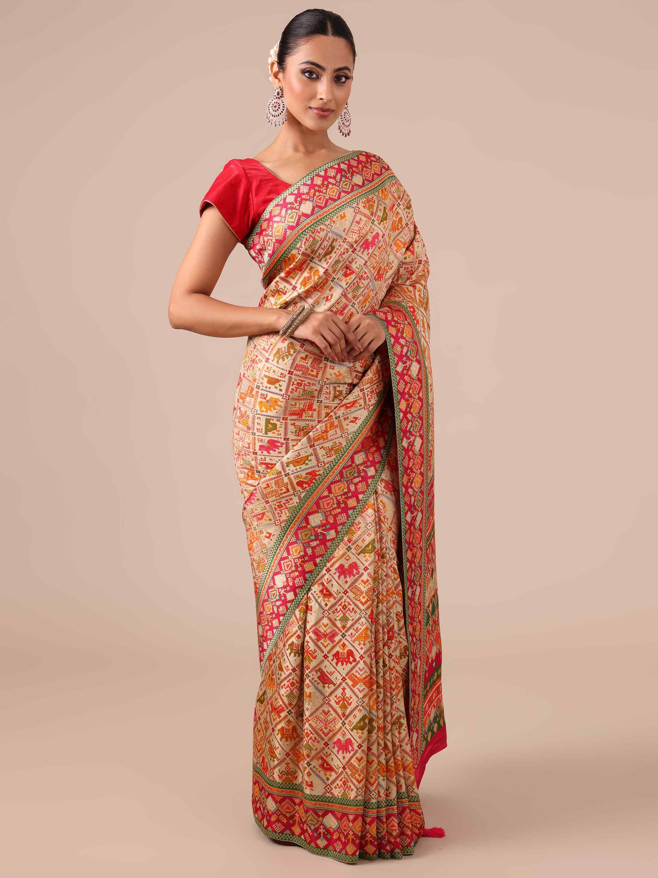 Golden Silk Weaving Saree with Rani Unstitched Blouse