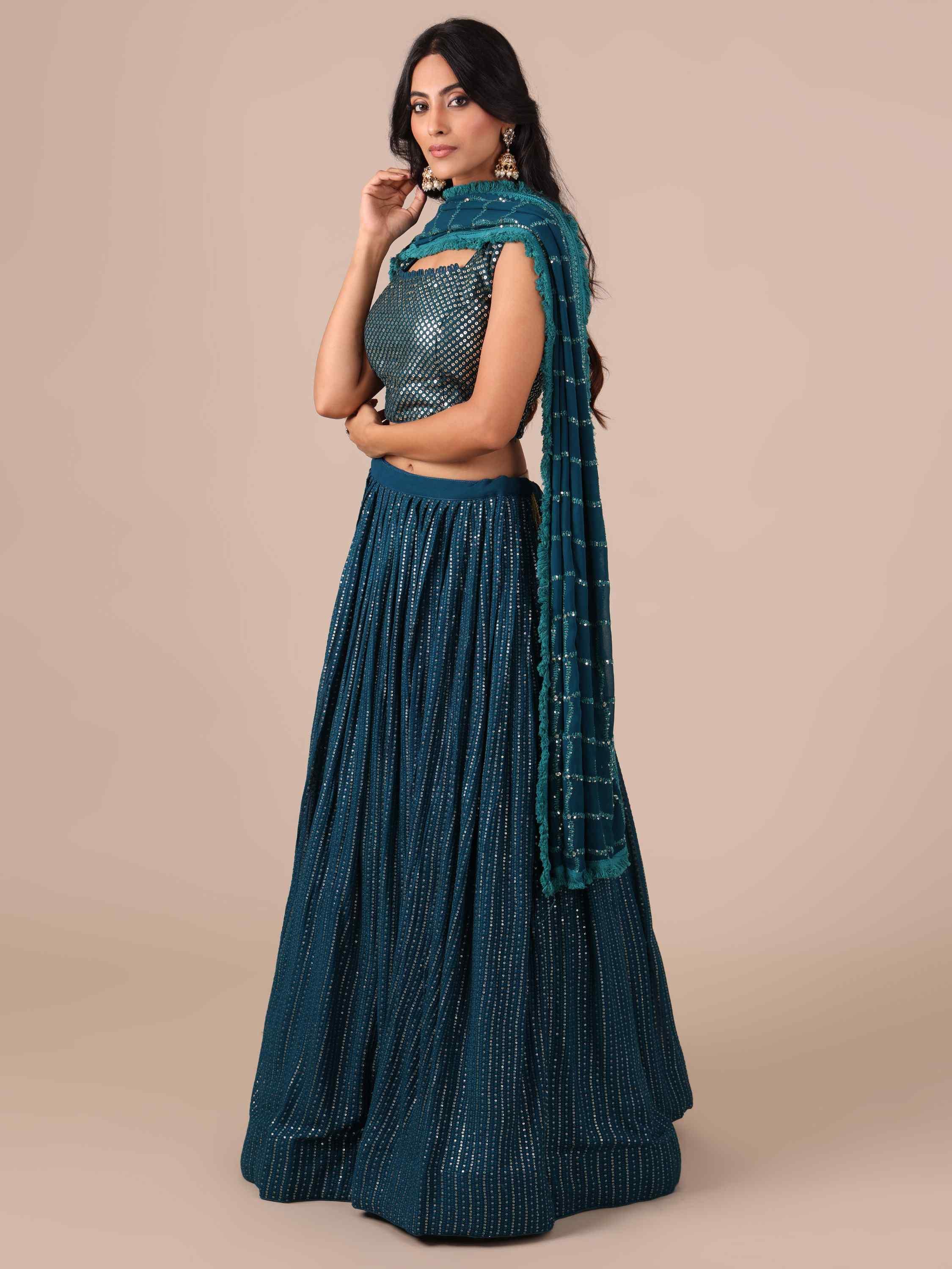 Peacock Blue Chikankari Lehenga Choli with Matching Dupatta