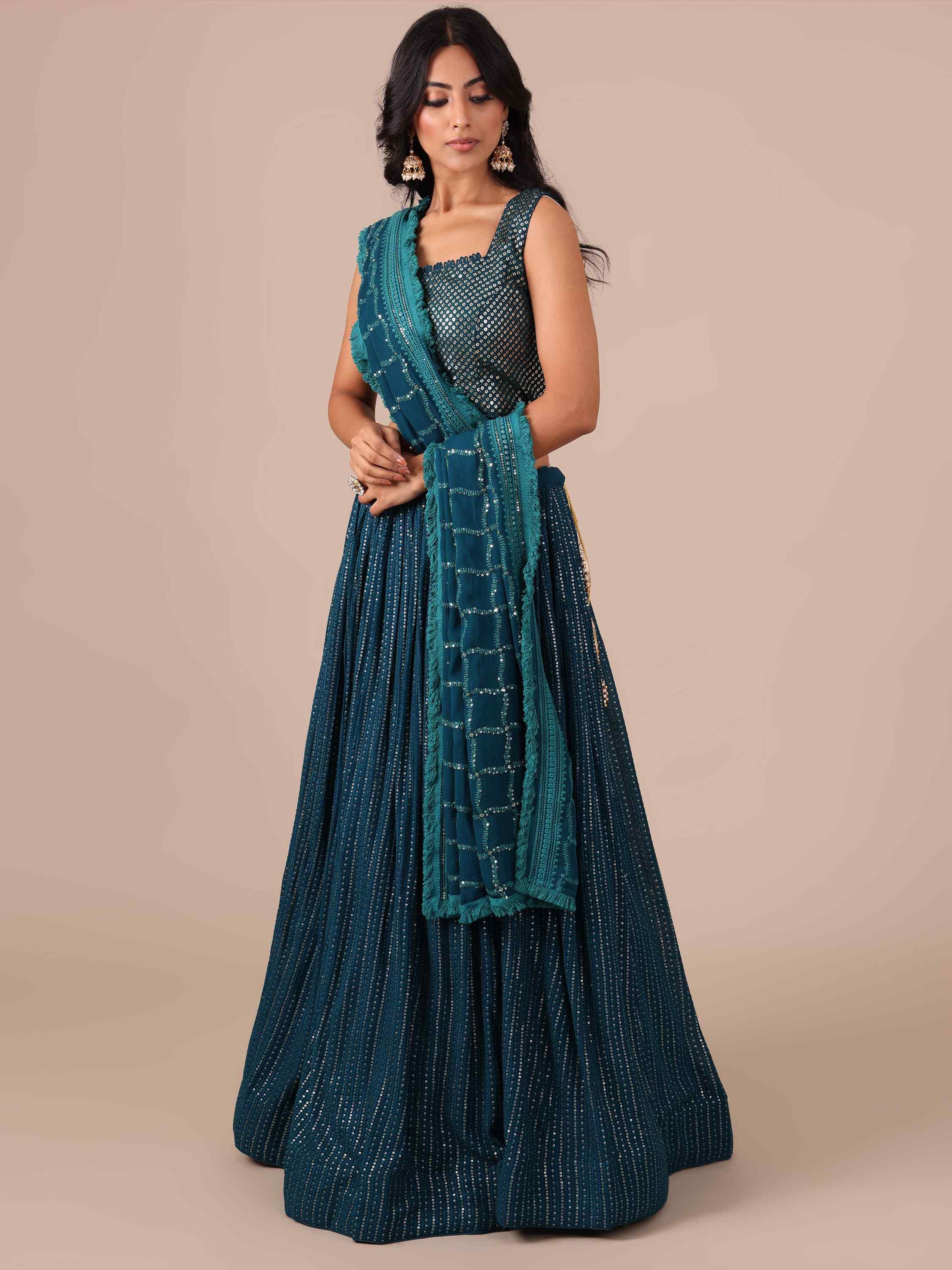 Peacock Blue Chikankari Lehenga Choli with Matching Dupatta