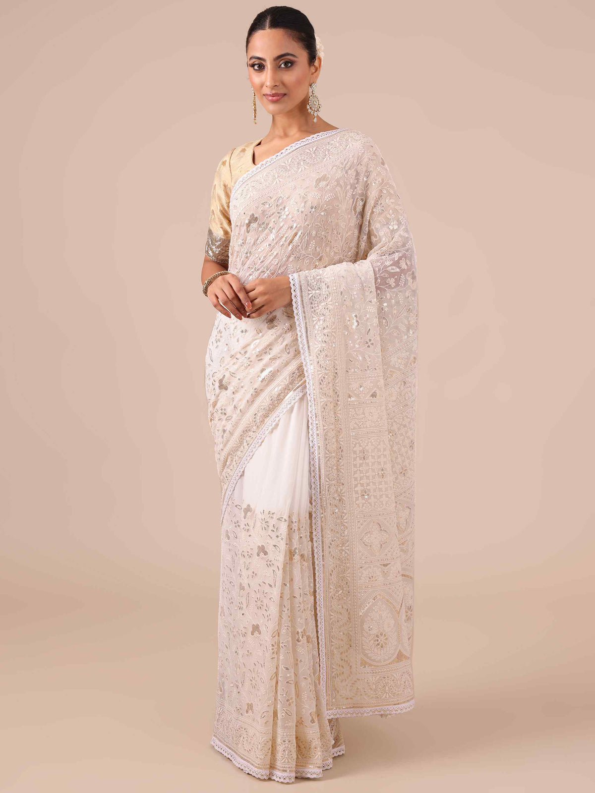 White Chikankari Georgette Saree with Matching Unstitched Blouse - House of Surya