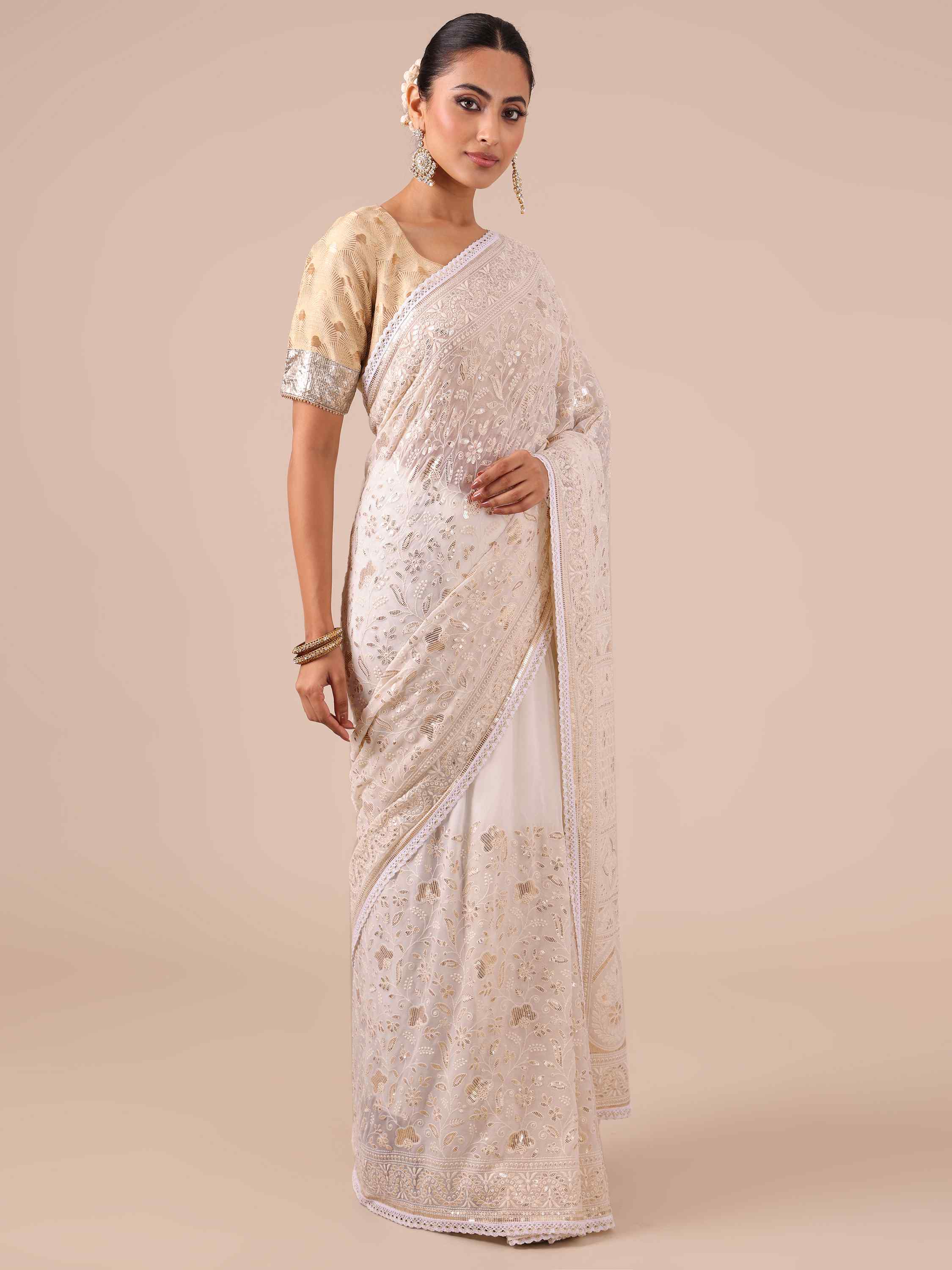 White Chikankari Georgette Saree with Matching Unstitched Blouse - House of Surya