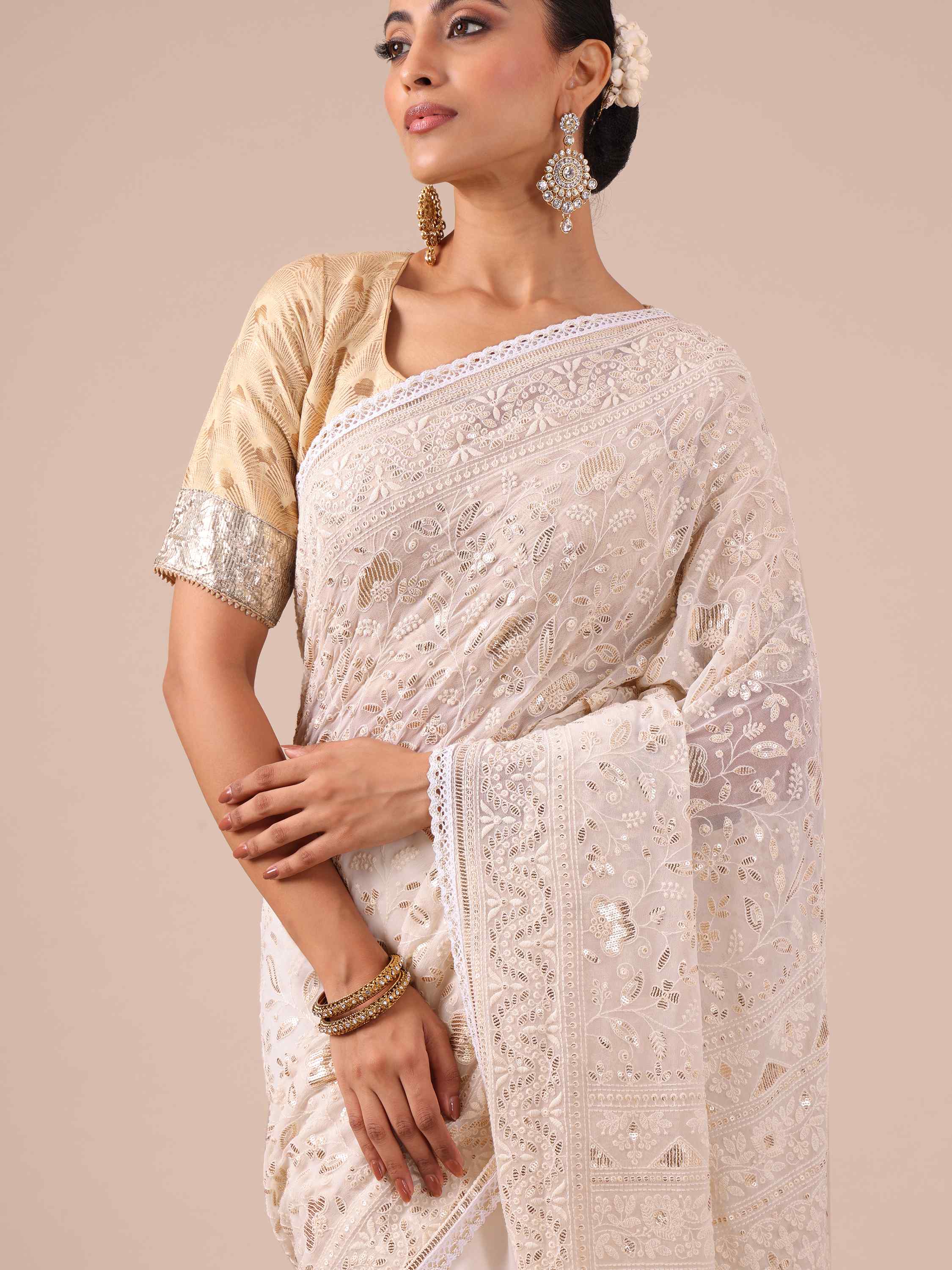 White Chikankari Georgette Saree with Matching Unstitched Blouse - House of Surya