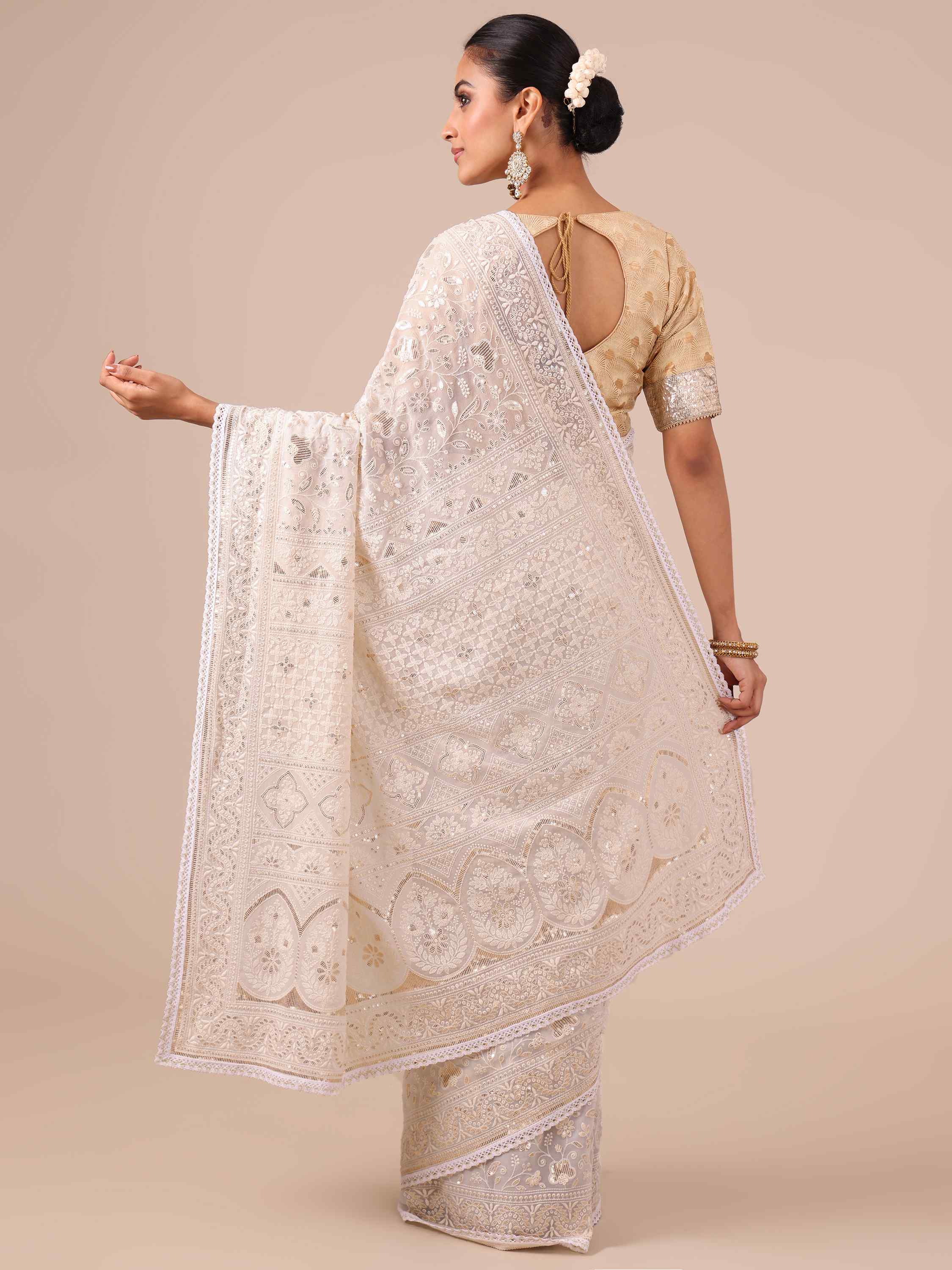 White Chikankari Georgette Saree with Matching Unstitched Blouse - House of Surya